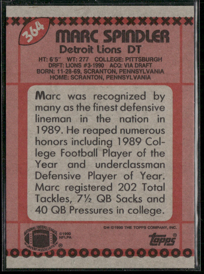 Marc Spindler 1990 Topps #364 RC Detroit Lions