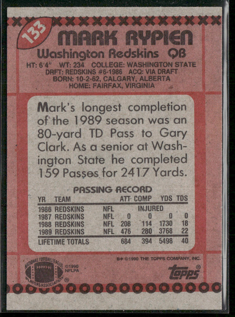 Mark Rypien 1990 Topps #133b Washington Redskins