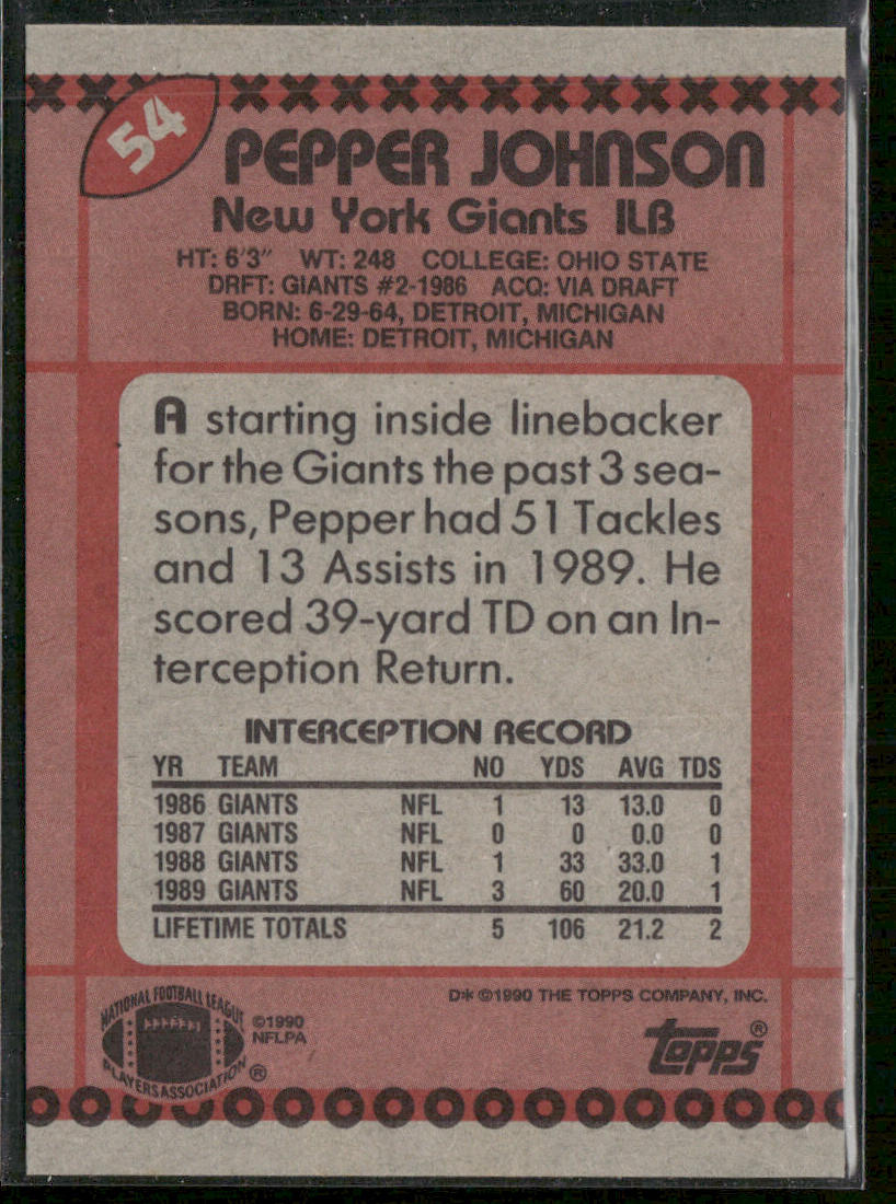 Pepper Johnson 1990 Topps #54b New York Giants