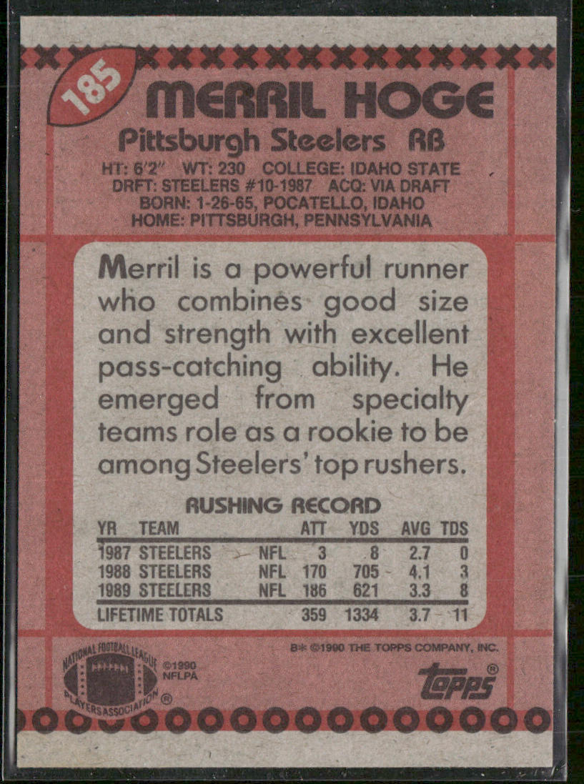 Merril Hoge 1990 Topps #185b Pittsburgh Steelers