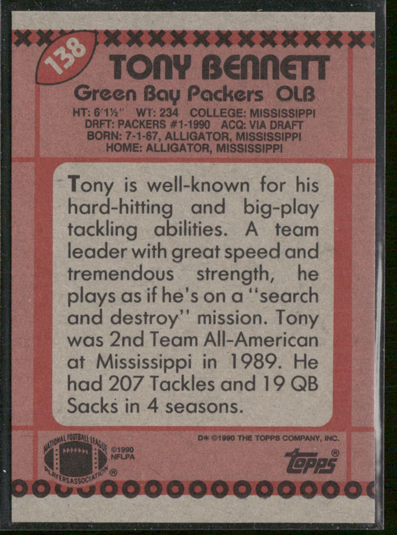 Tony Bennett 1990 Topps #138 RC Green Bay Packers