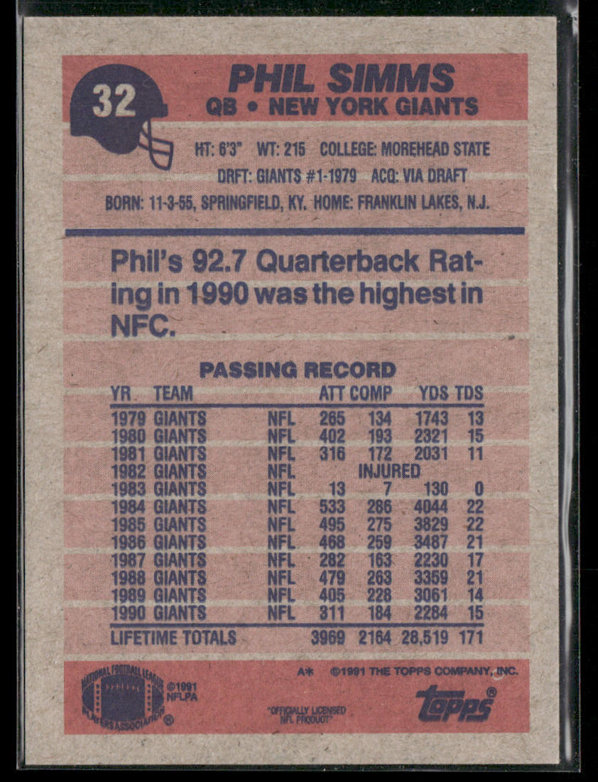 Phil Simms 1991 Topps #32 New York Giants