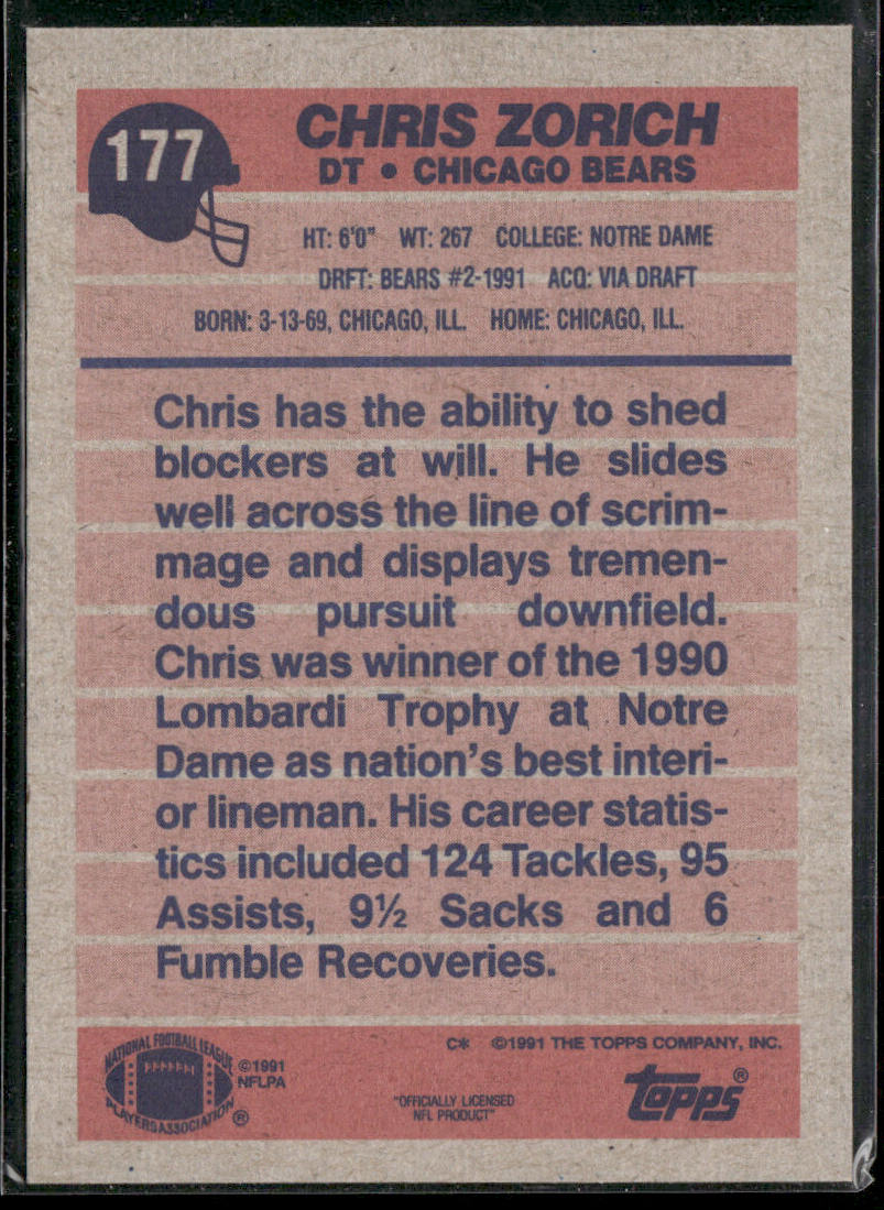 Chris Zorich 1991 Topps #177 RC Chicago Bears
