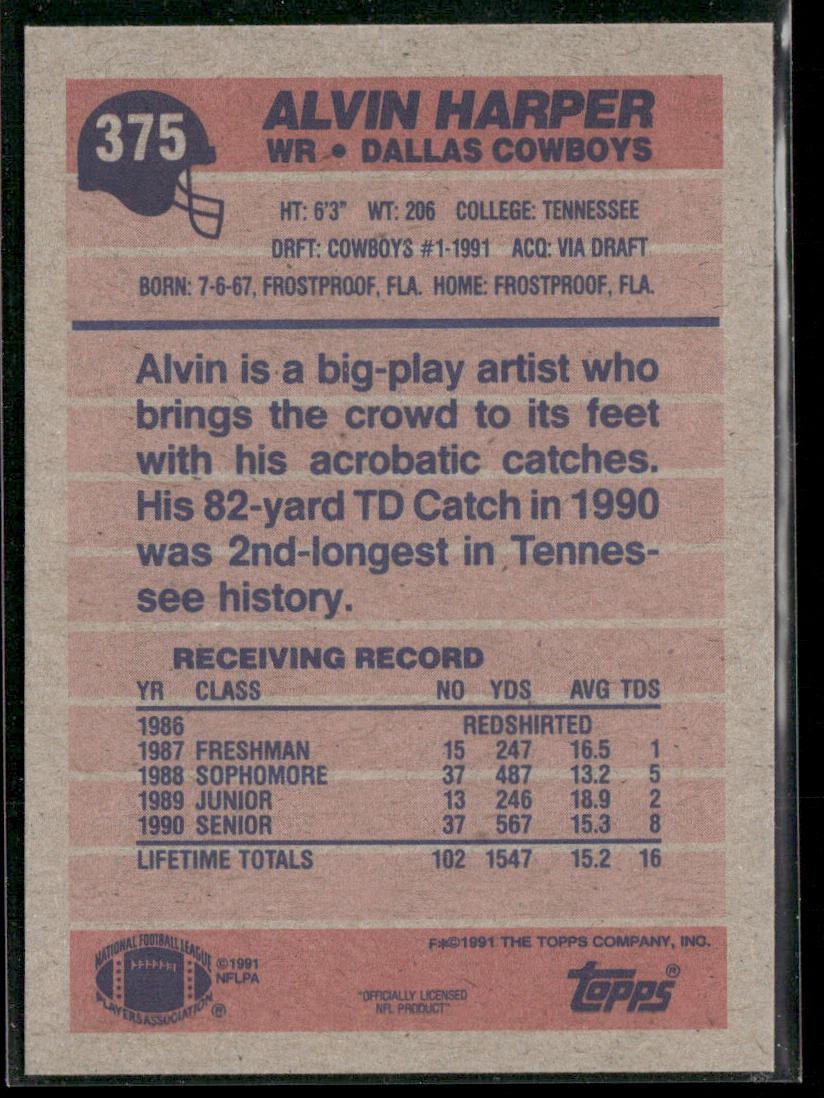 Alvin Harper 1991 Topps #375b RC Dallas Cowboys