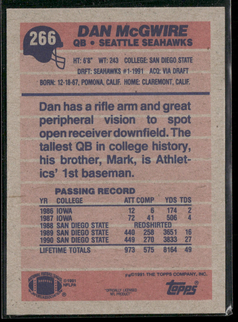 Dan McGwire 1991 Topps #266b RC Seattle Seahawks