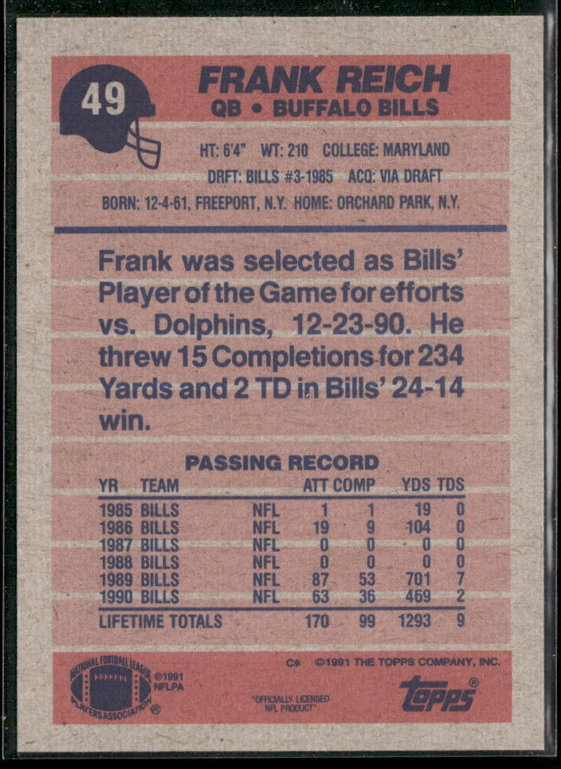 Frank Reich 1991 Topps #49 Buffalo Bills