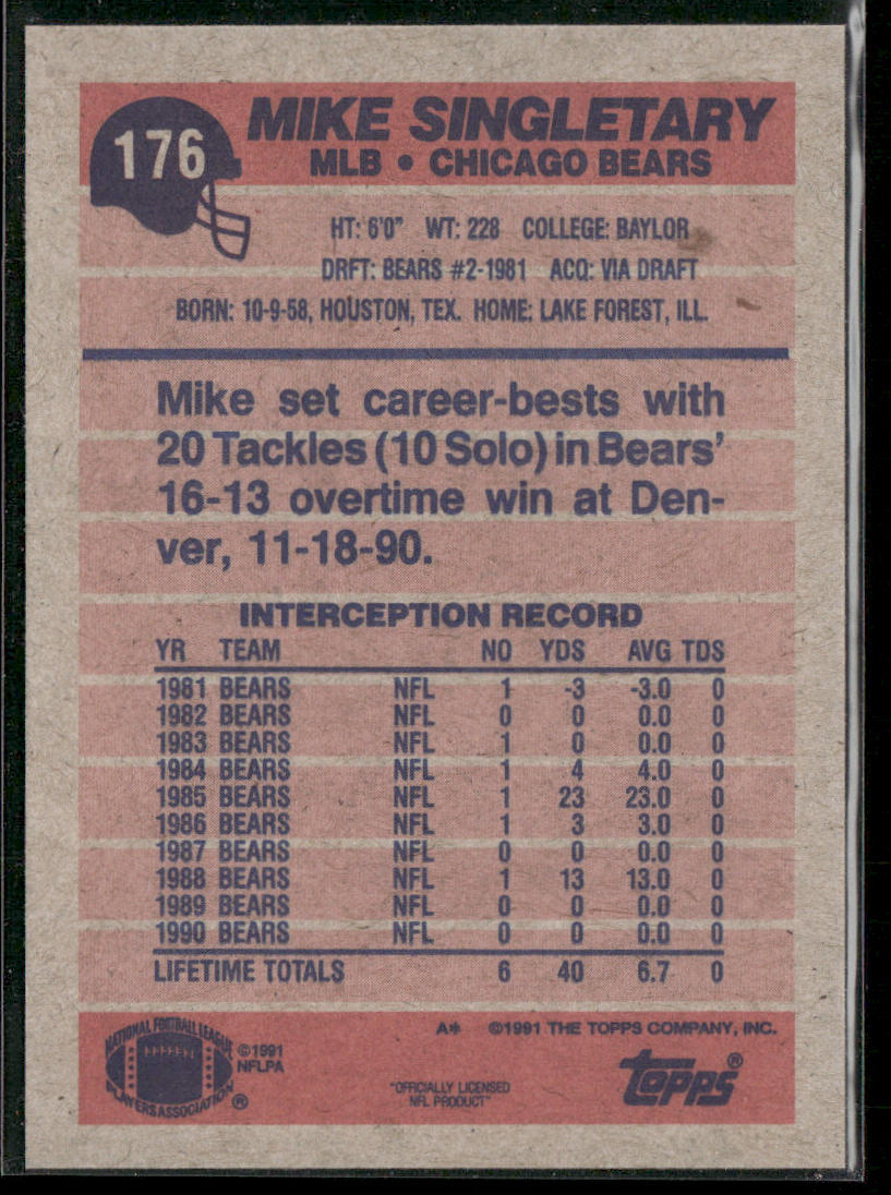 Mike Singletary 1991 Topps #176 Chicago Bears