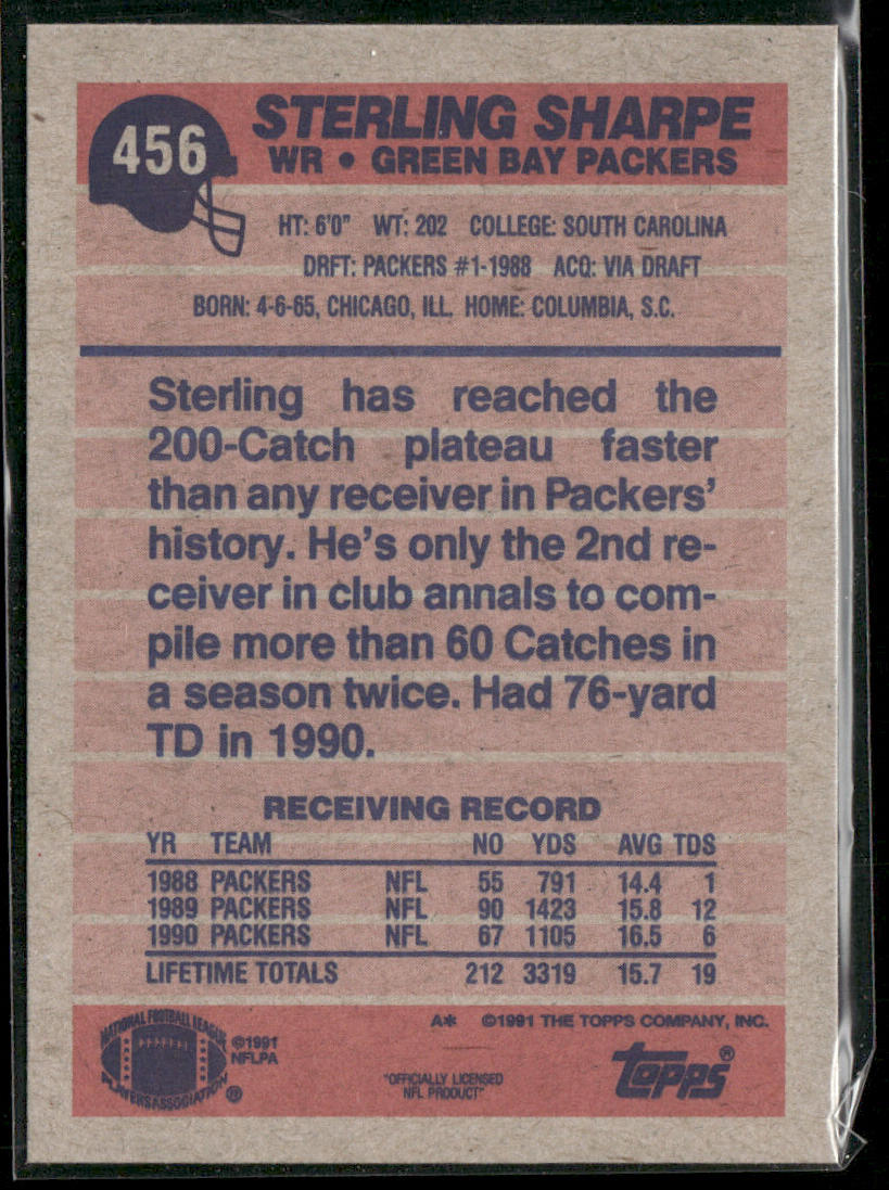 Sterling Sharpe 1991 Topps #456 Green Bay Packers