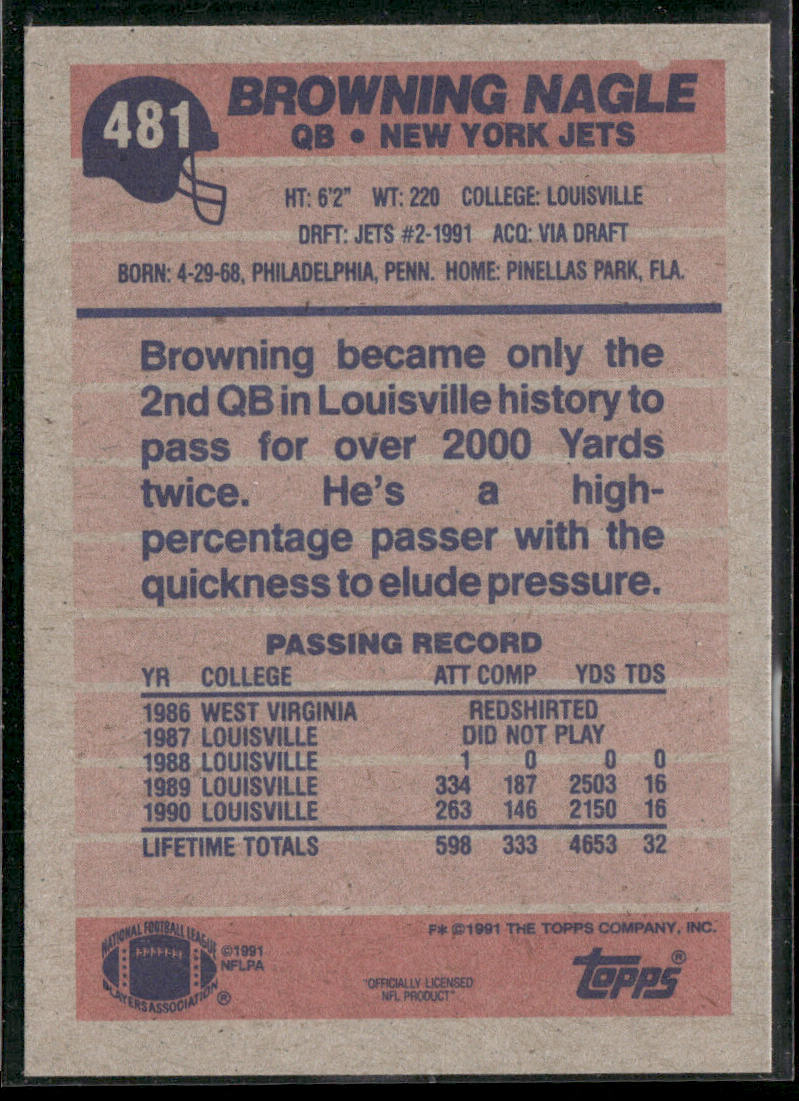 Browning Nagle 1991 Topps #481b RC New York Jets