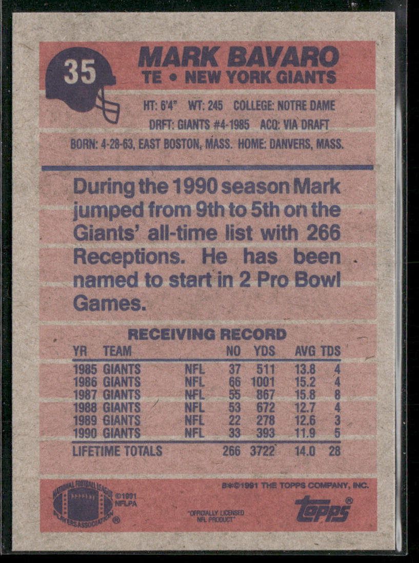 Mark Bavaro 1991 Topps #35 New York Giants