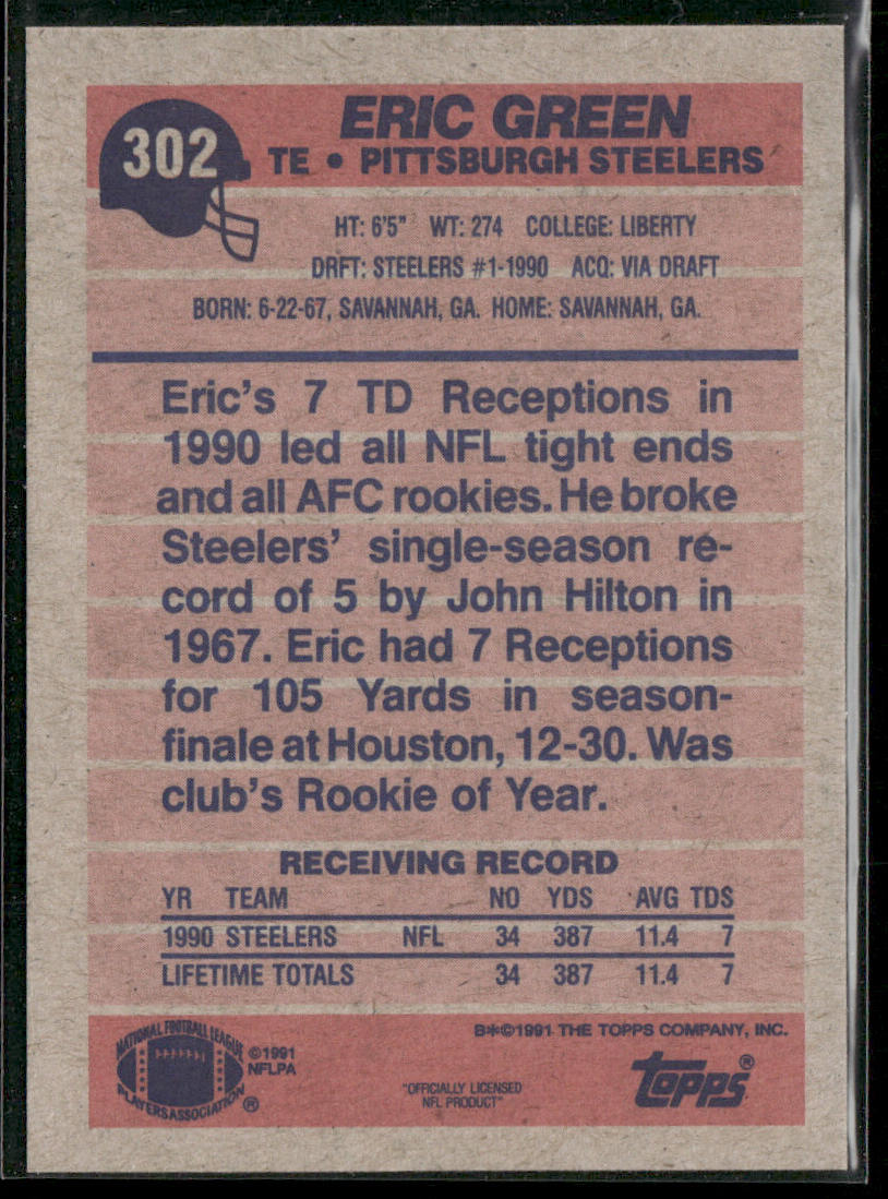 Eric Green 1991 Topps #302 Pittsburgh Steelers