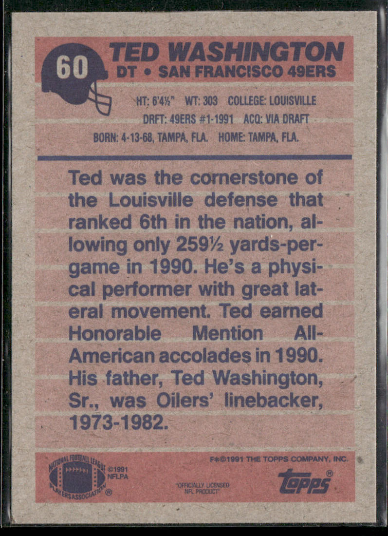 Ted Washington 1991 Topps #60b RC San Francisco 49ers
