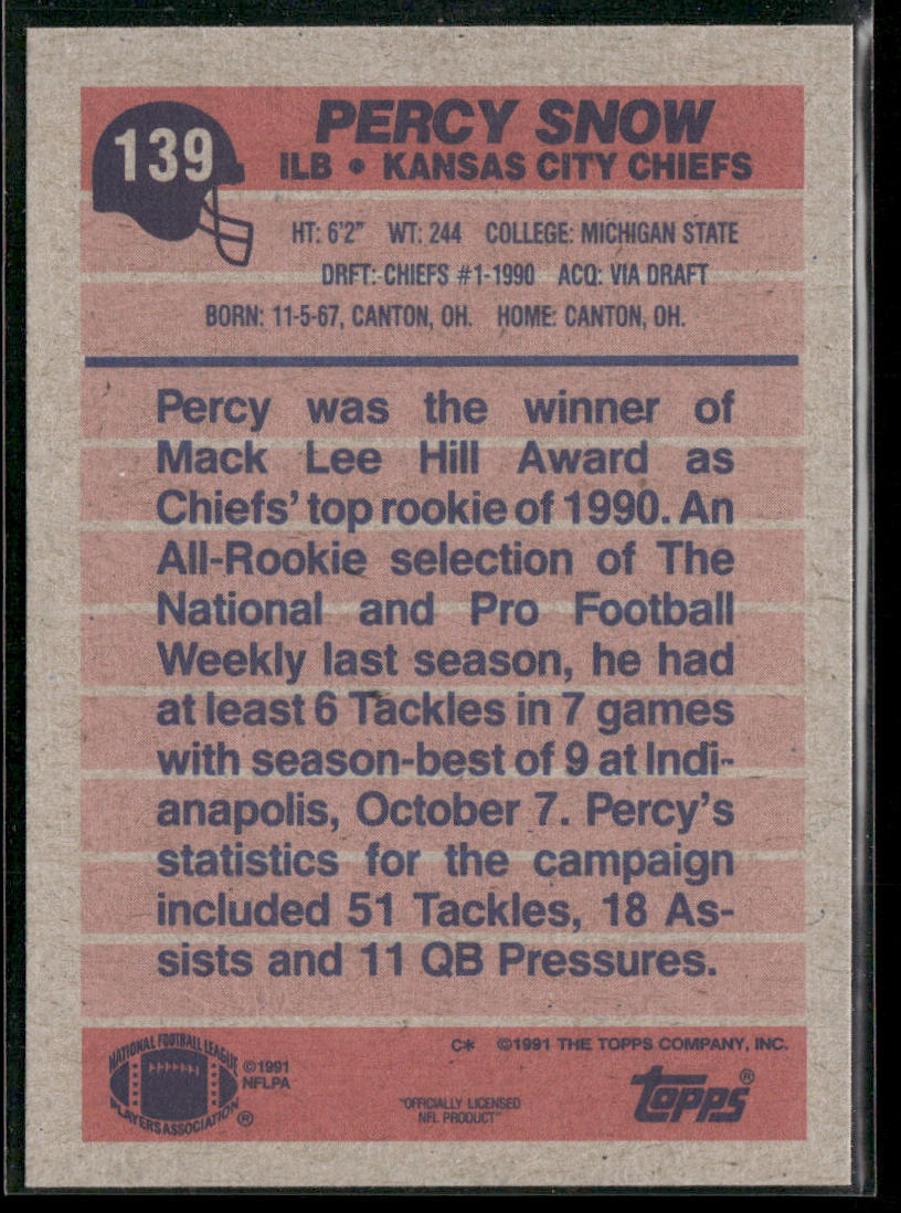Percy Snow 1991 Topps #139 Kansas City Chiefs