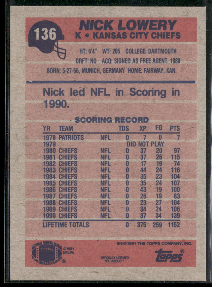 Nick Lowery 1991 Topps #136 Kansas City Chiefs