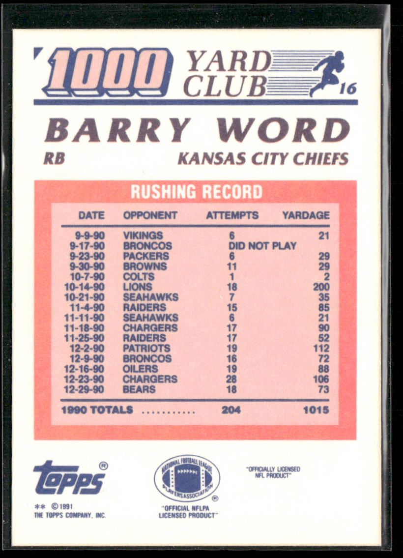 Barry Word 1991 Topps 1000 Yard Club #16 Kansas City Chiefs