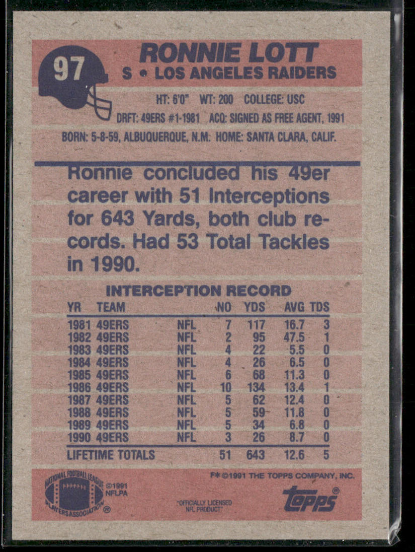 Ronnie Lott 1991 Topps #97 Los Angeles Raiders