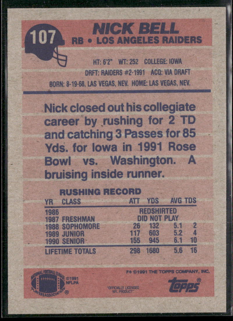 Nick Bell 1991 Topps #107b RC Los Angeles Raiders