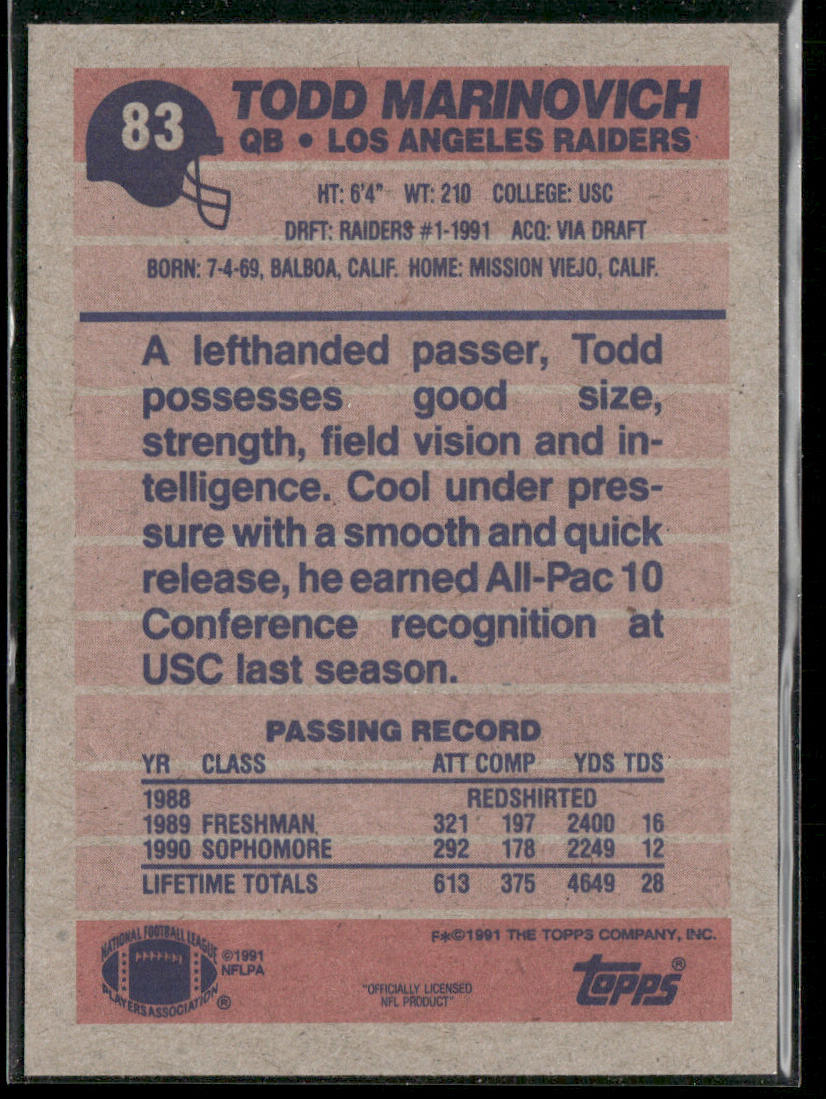 Todd Marinovich 1991 Topps #83 RC Los Angeles Raiders