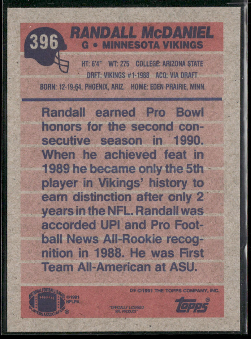 Randall McDaniel 1991 Topps #396 Minnesota Vikings