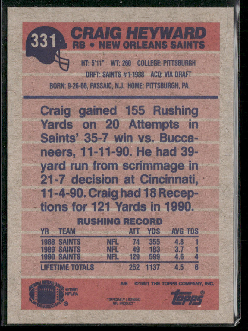 Craig Heyward 1991 Topps #331 New Orleans Saints