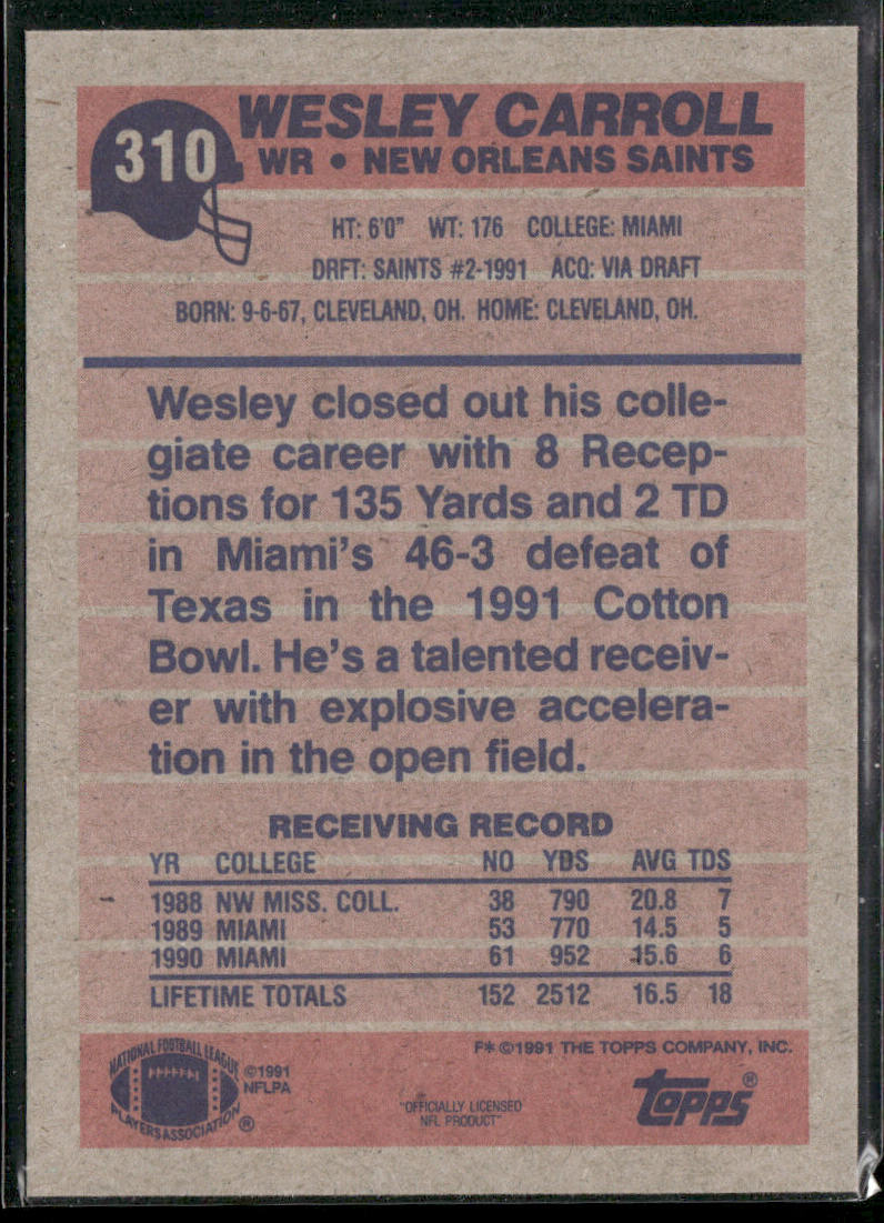 Wesley Carroll 1991 Topps #310b RC New Orleans Saints