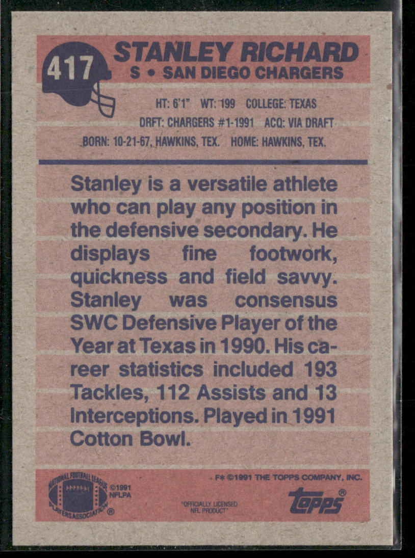 Stanley Richard 1991 Topps #417 RC San Diego Chargers