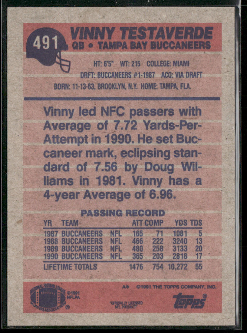 Vinny Testaverde 1991 Topps #491 Tampa Bay Buccaneers