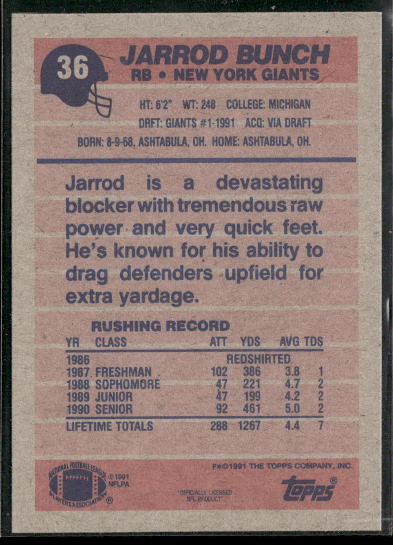 Jarrod Bunch 1991 Topps #36 RC New York Giants