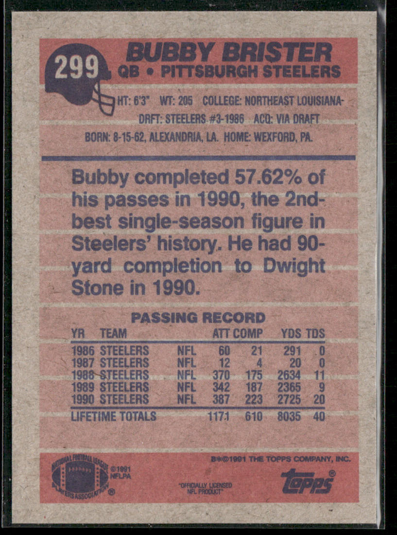 Bubby Brister 1991 Topps #299 Pittsburgh Steelers