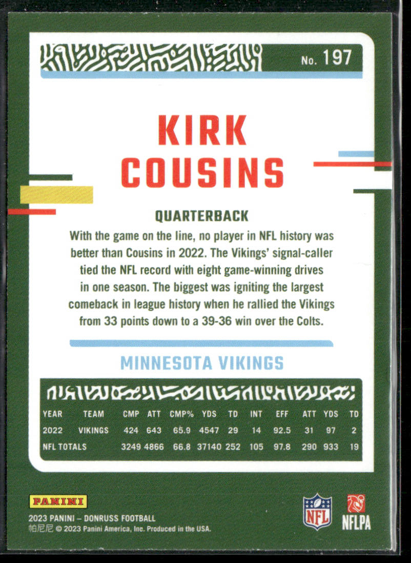 Kirk Cousins 2023 Donruss #197 Minnesota Vikings