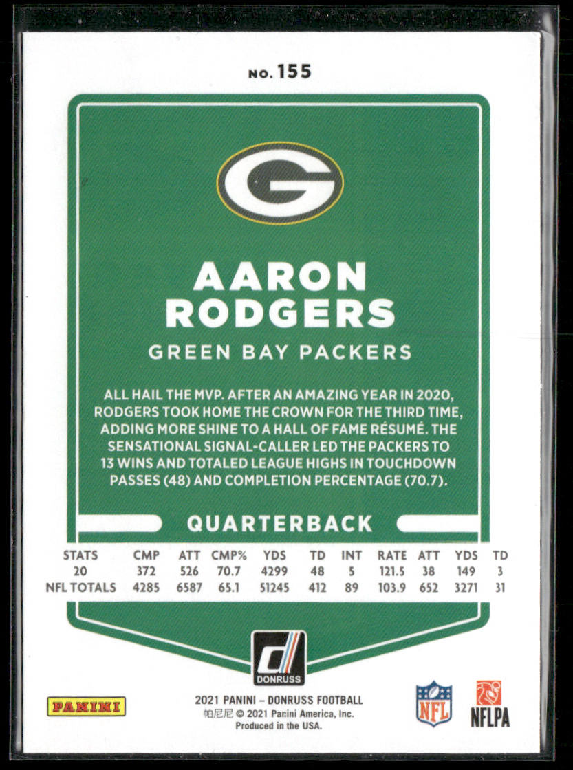 Aaron Rodgers 2021 Donruss #155b No Helmet Green Bay Packers