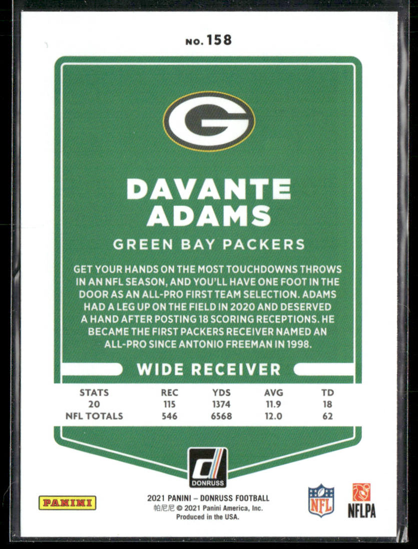 Davante Adams 2021 Donruss #158b No Helmet Green Bay Packers