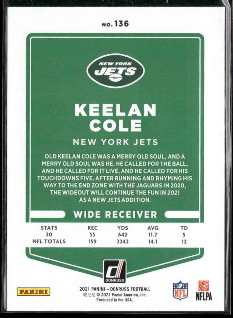 Keelan Cole 2021 Donruss #136 New York Jets