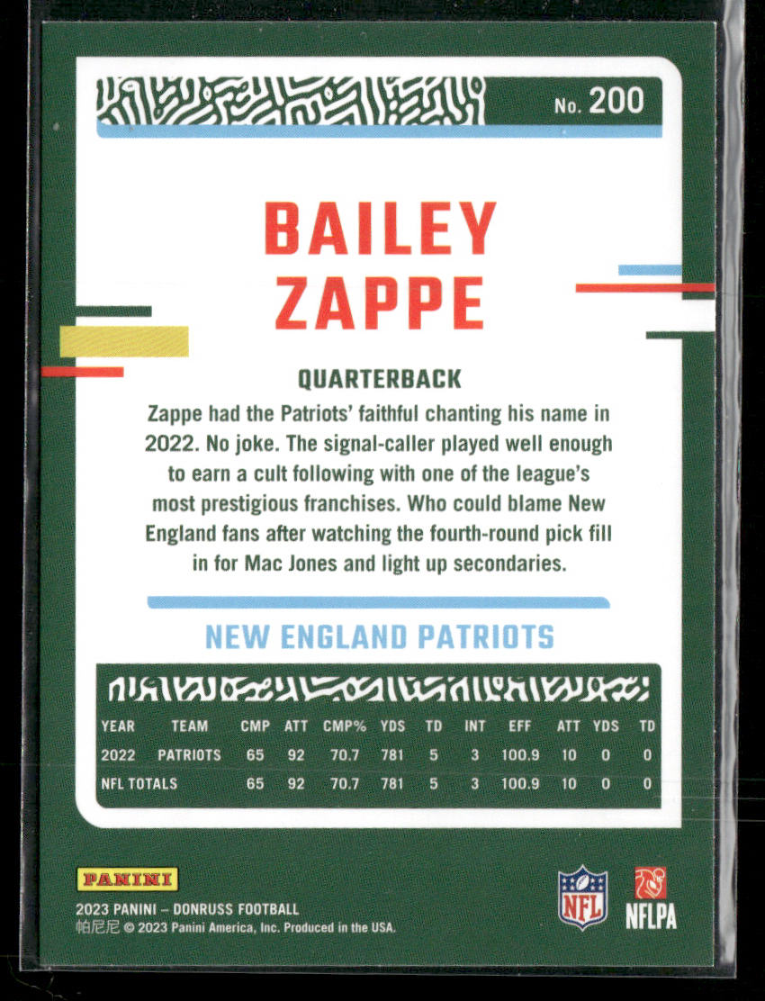 Bailey Zappe 2023 Donruss #200 New England Patriots