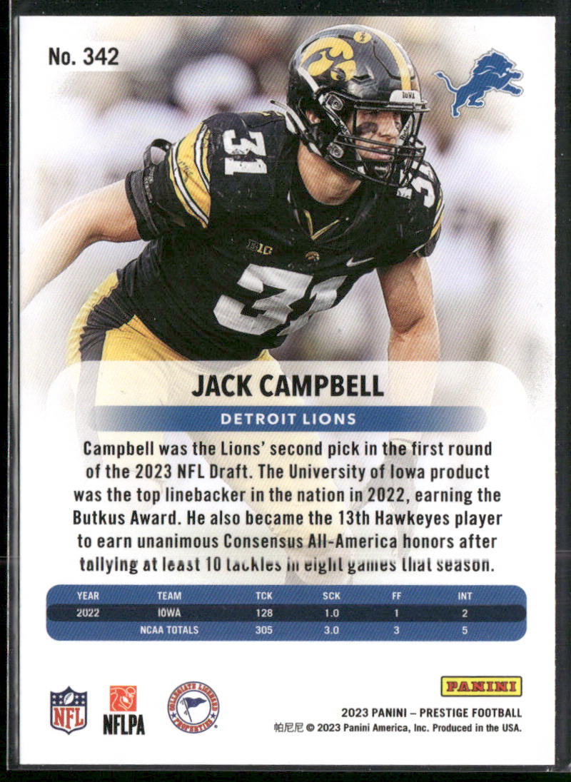 Jack Campbell 2023 Panini Prestige #342 RC Detroit Lions
