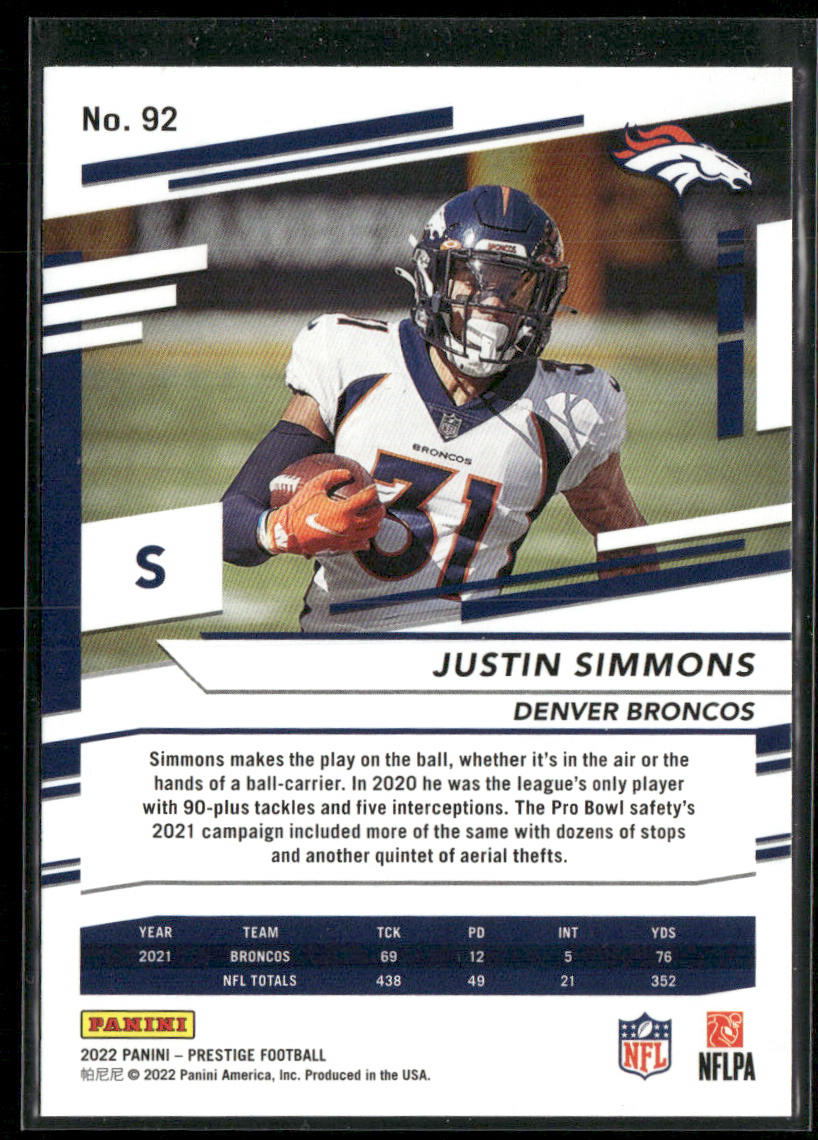 Justin Simmons 2022 Panini Prestige #92 Denver Broncos