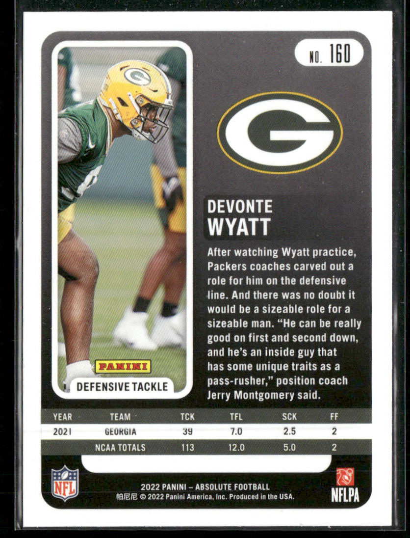 Devonte Wyatt 2022 Panini Absolute Retail #160 RC Green Bay Packers