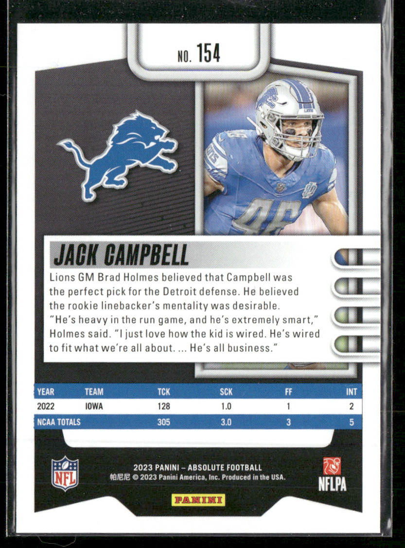 Jack Campbell 2023 Panini Absolute Retail #154 RC Detroit Lions