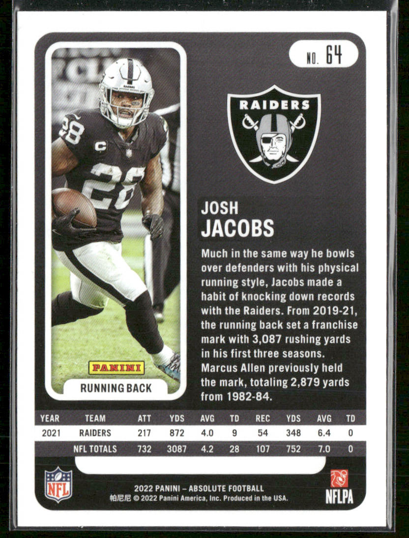Josh Jacobs 2022 Panini Absolute Retail #64 Las Vegas Raiders