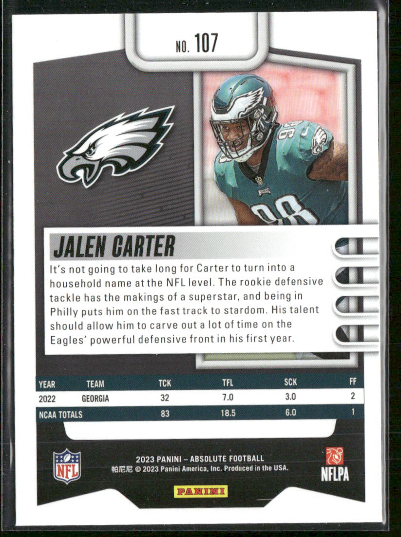 Jalen Carter 2023 Panini Absolute Retail #107 RC Philadelphia Eagles