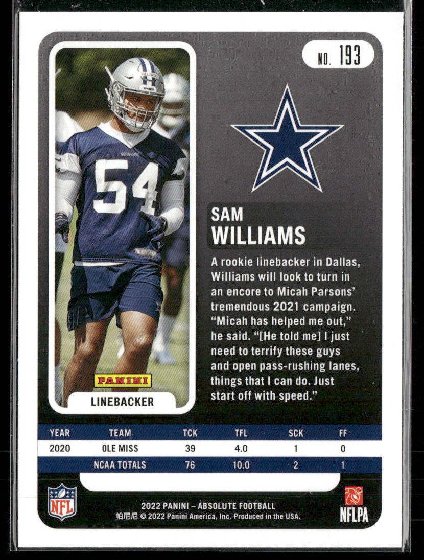Sam Williams 2022 Panini Absolute Retail #193 RC Dallas Cowboys