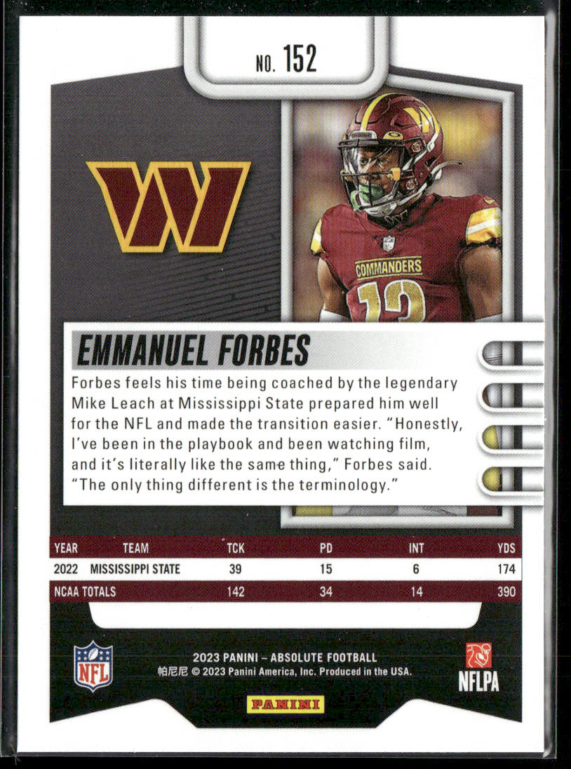 Emmanuel Forbes 2023 Panini Absolute Retail #152 RC Washington Commanders