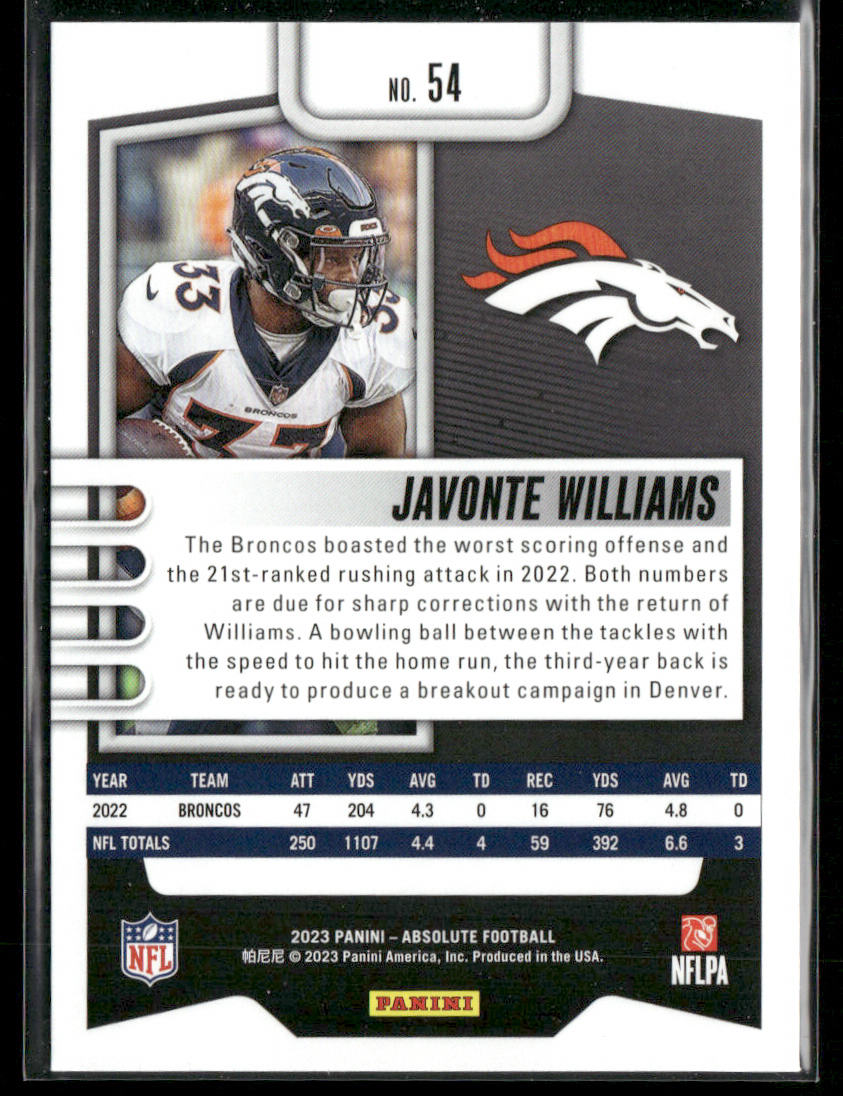 Javonte Williams 2023 Panini Absolute Retail #54 Denver Broncos
