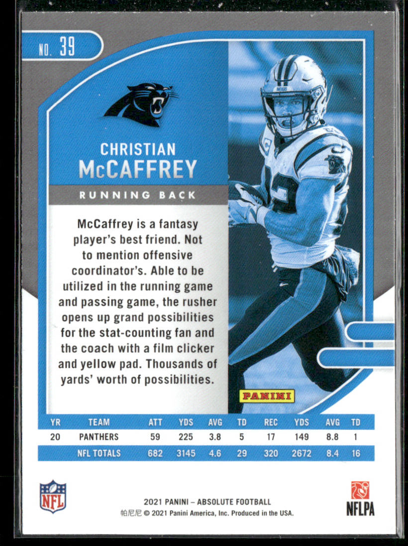 Christian McCaffrey 2021 Panini Absolute #39 Carolina Panthers
