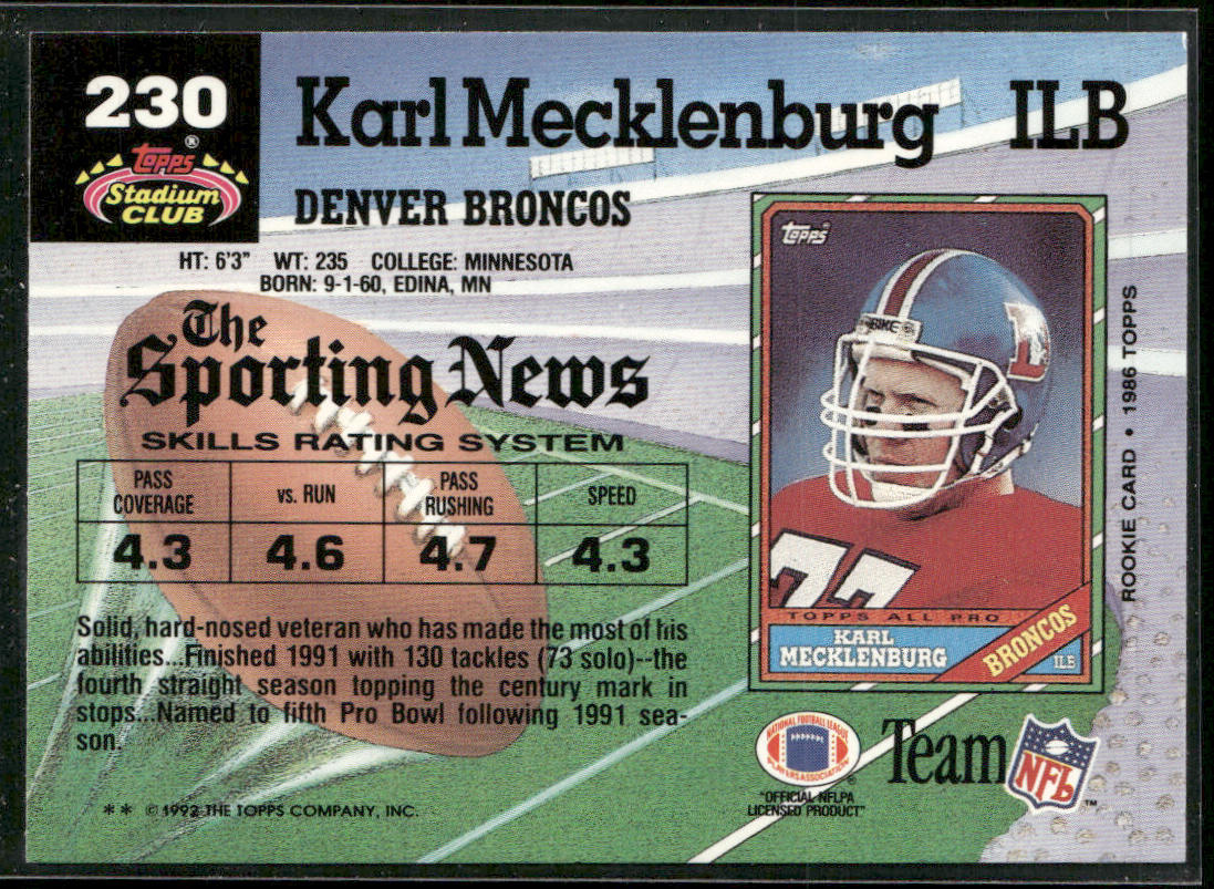 Karl Mecklenburg 1992 Stadium Club #230 Denver Broncos