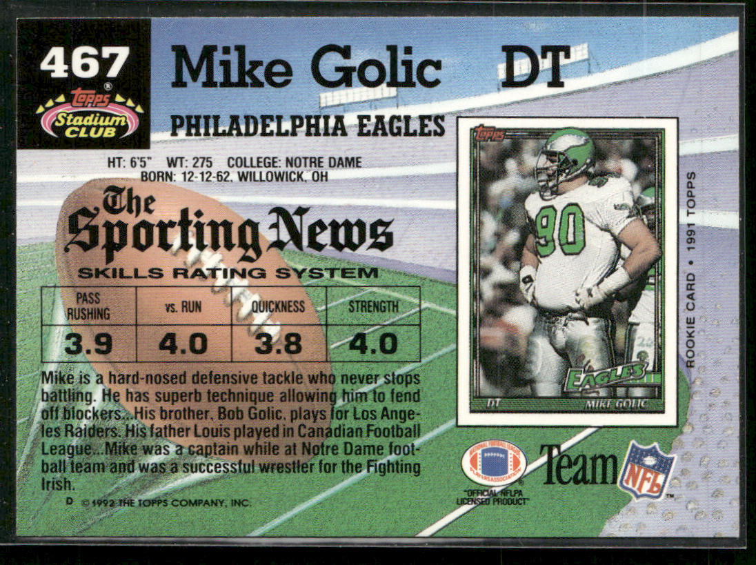 Mike Golic 1992 Stadium Club #467 Philadelphia Eagles