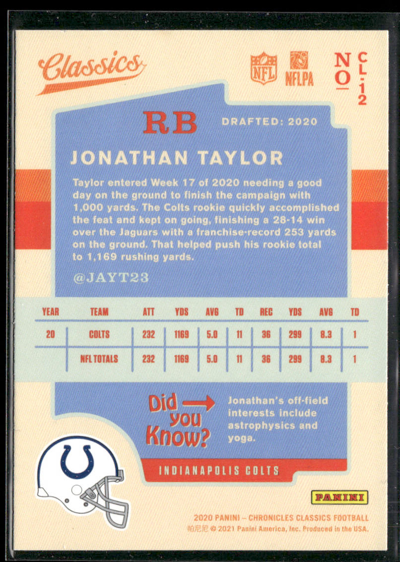 Jonathan Taylor 2020 Panini Chronicles Classics #CL-12 Indianapolis Colts