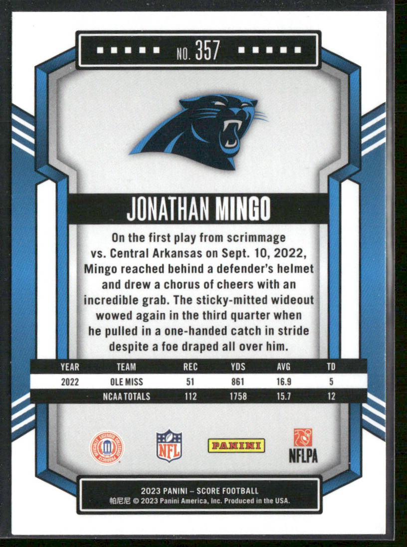 Jonathan Mingo 2023 Score #357 RC Carolina Panthers