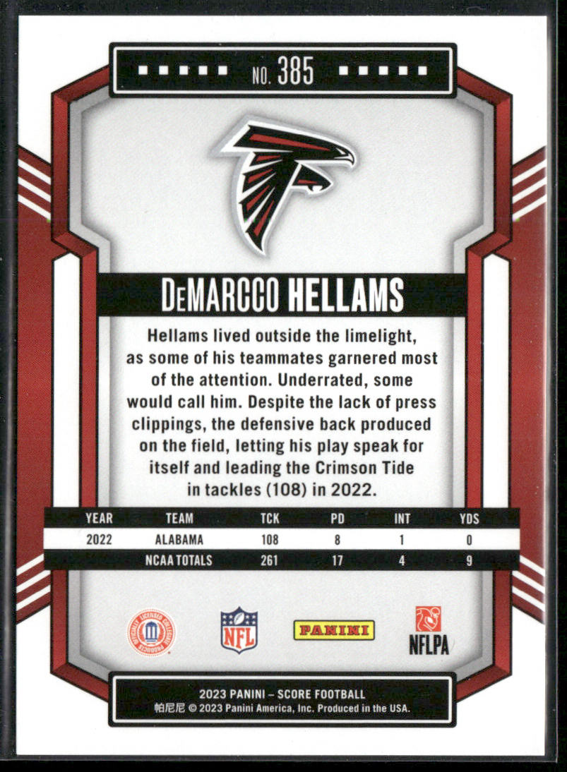 DeMarcco Hellams 2023 Score #385 RC Atlanta Falcons
