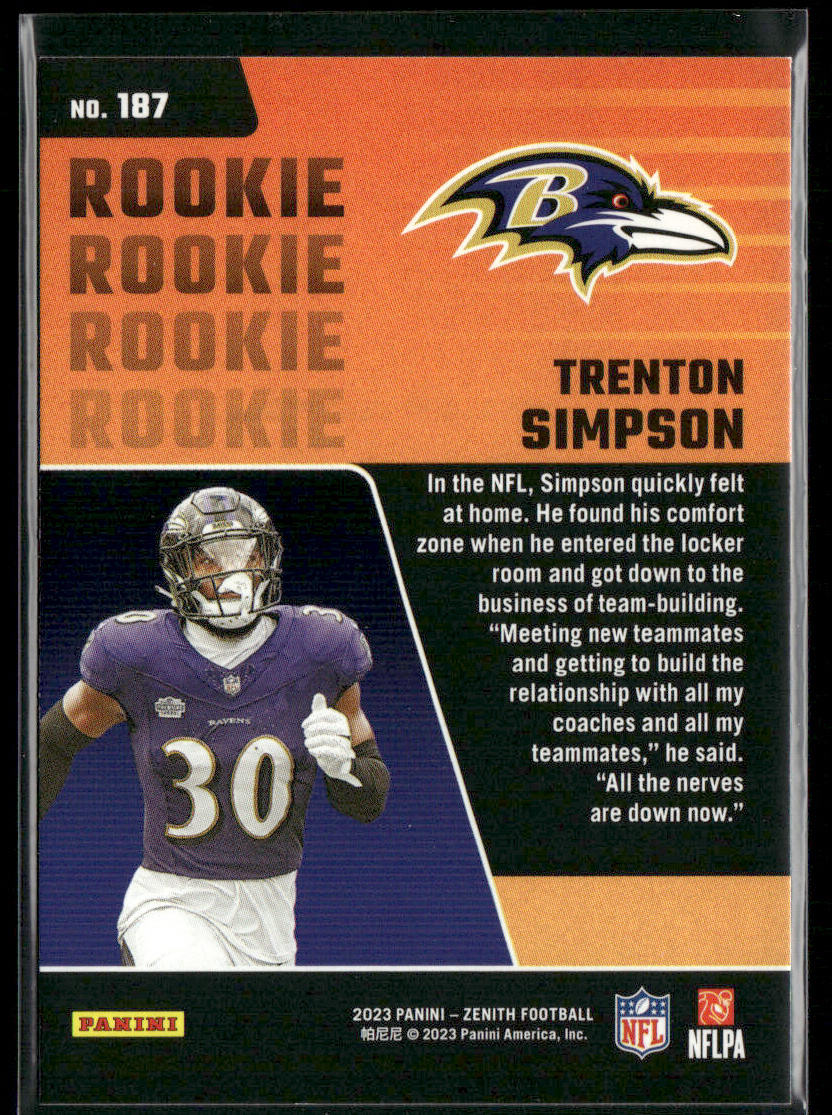 Trenton Simpson 2023 Panini Zenith Red Zone #187 RC Baltimore Ravens